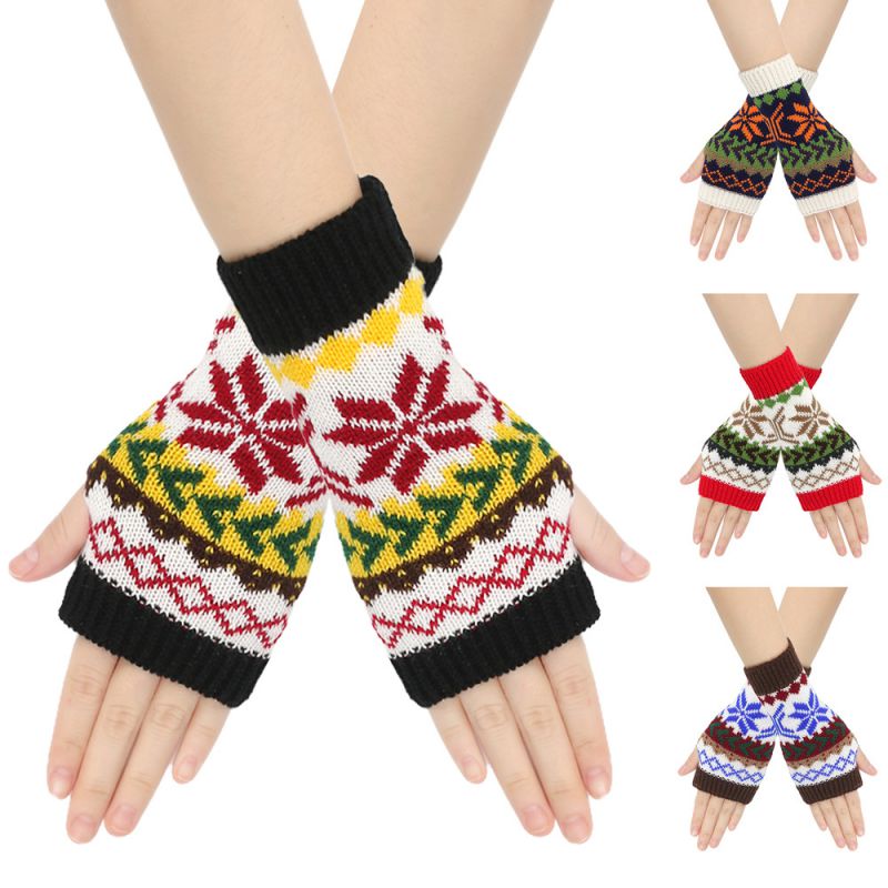 Guantes De Medio Dedo Tejidos De Lana Con Estampado De Copos De Nieve Navideños