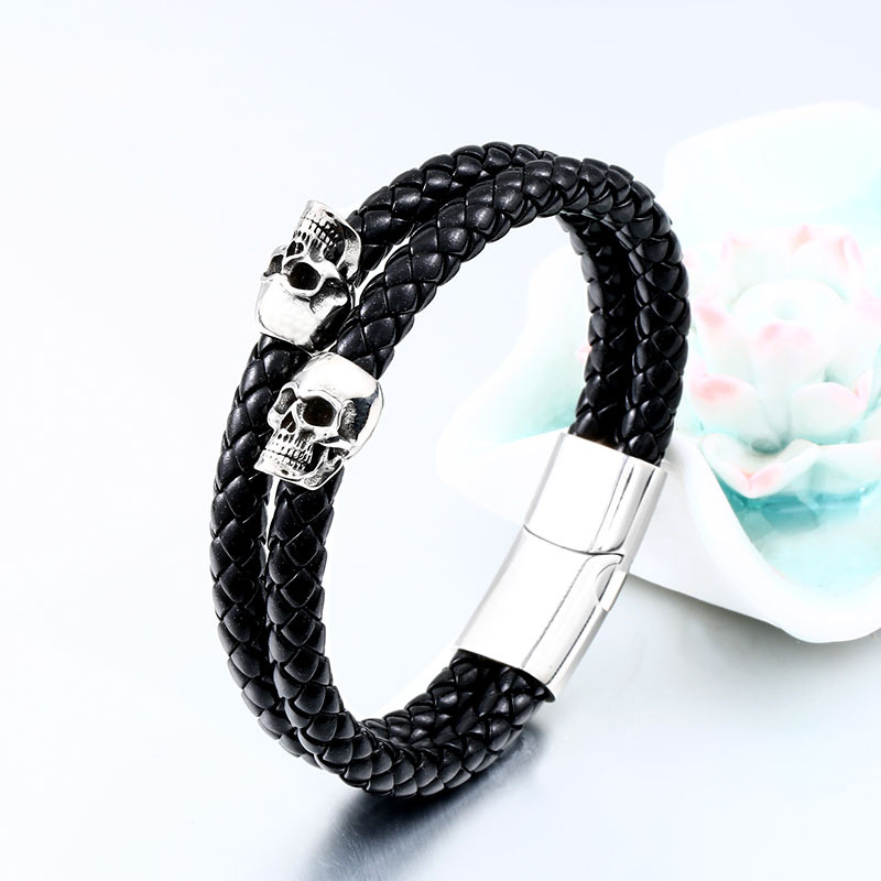 Double Leather Cord 24cm Titanium Steel Skull Men's Leather Bracelet