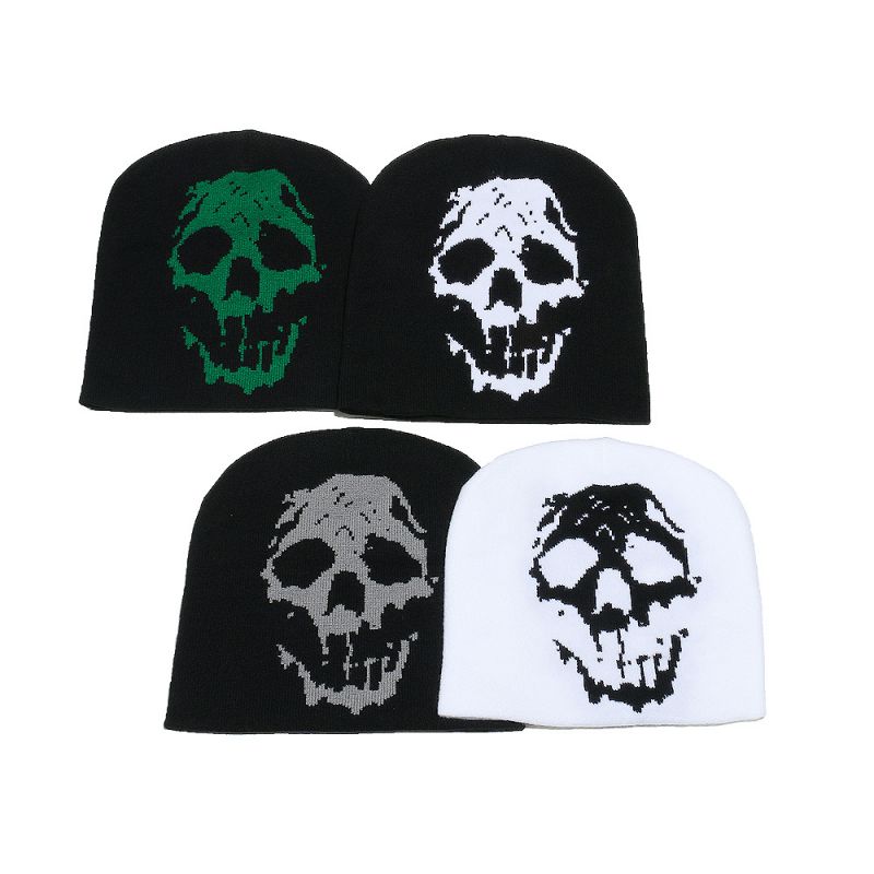 White Skull Jacquard Knit Beanie