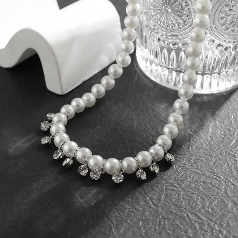 Silver Pearl And Rhinestone Beaded Necklace For Men