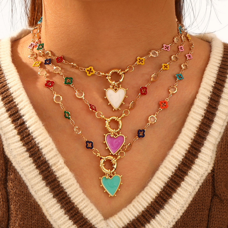 Red Copper Inlaid Zircon Oil Drop Heart Hollow Lucky Clover Ring Buckle Necklace