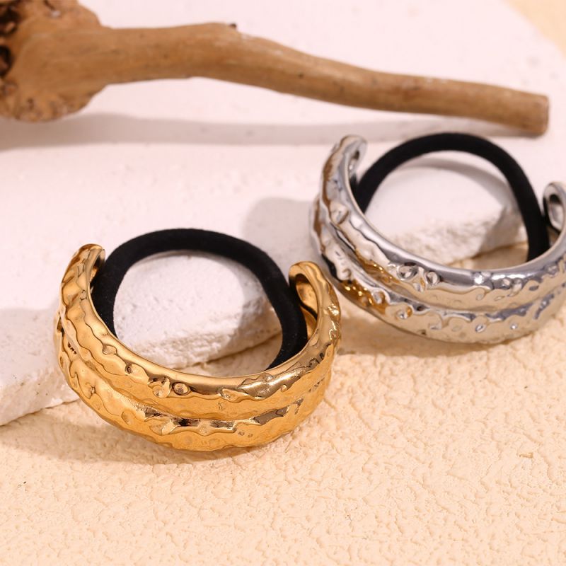 Exaggerated Double-layer Hammered Pattern Semi-circular Hair Rope-hard Color Stainless Steel Curved Hair Rope