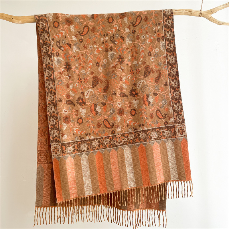 Khaki Faux Cashmere Printed Tassel Scarf