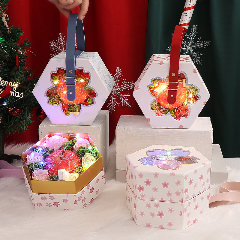 Hexagonal Cherry Blossoms Gift Of Colorful Silk Printed Hexagonal Christmas Apple Box (8 Pieces)