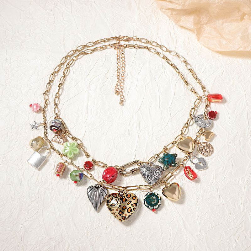 Gold Alloy Love Flower Lock Pendant Double Layer Necklace