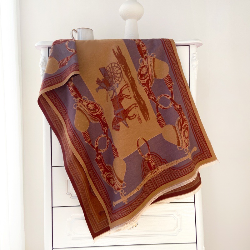 Beige Faux Cashmere Printed Short Beard Tassel Scarf