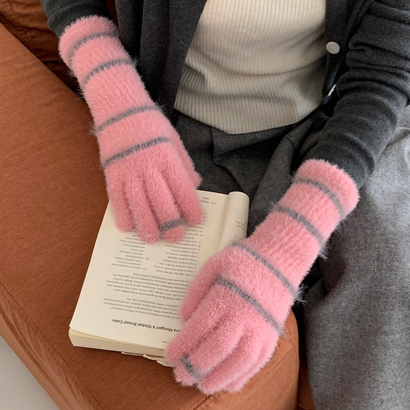 Guantes De Cinco Dedos De Poliéster Con Rayas Peludas