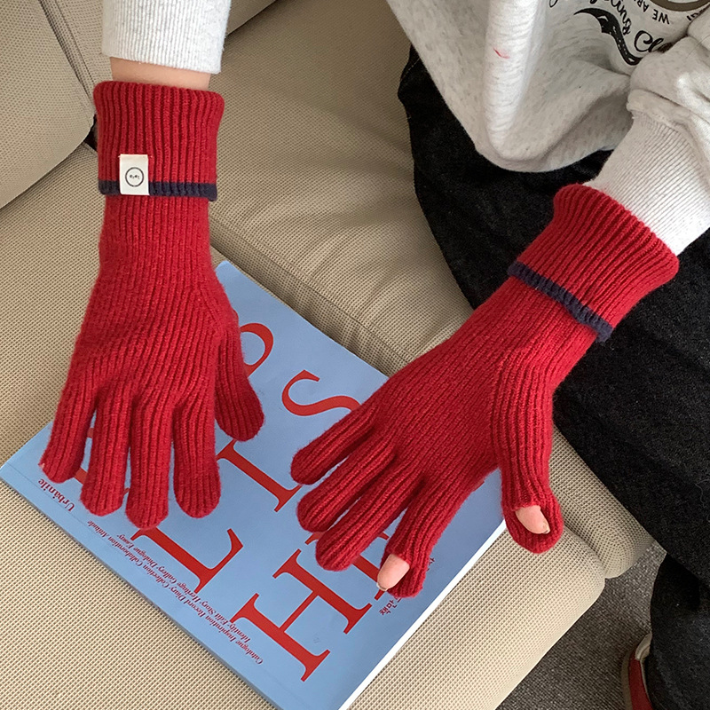 Guantes De Cinco Dedos De Punto Con Parche En Contraste
