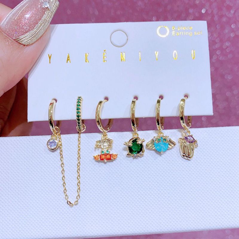Gold Copper Inlaid Zirconium Geometric Earrings Set