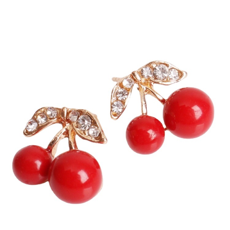 Gold Metal Cherry Earrings With Diamonds