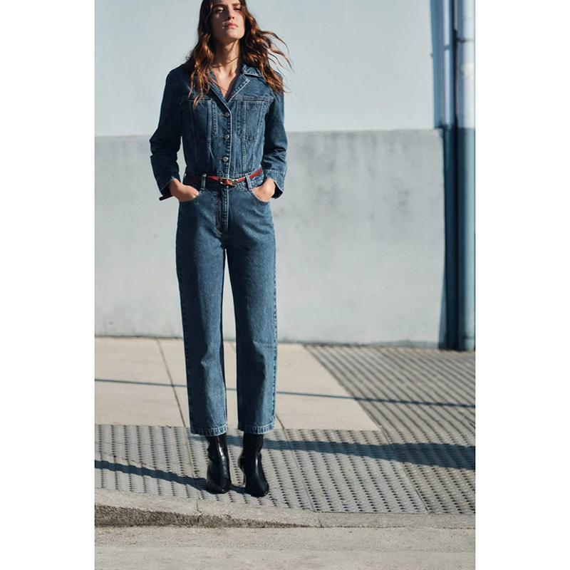 Traje De Una Pieza De Camisa Y Pantalón Denim Con Botones Y Solapa