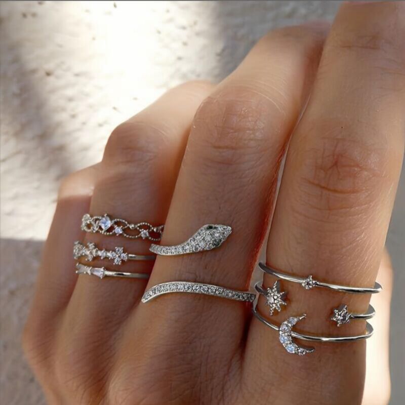 Set 5# Alloy Diamond Flower Moon Love Ring Set