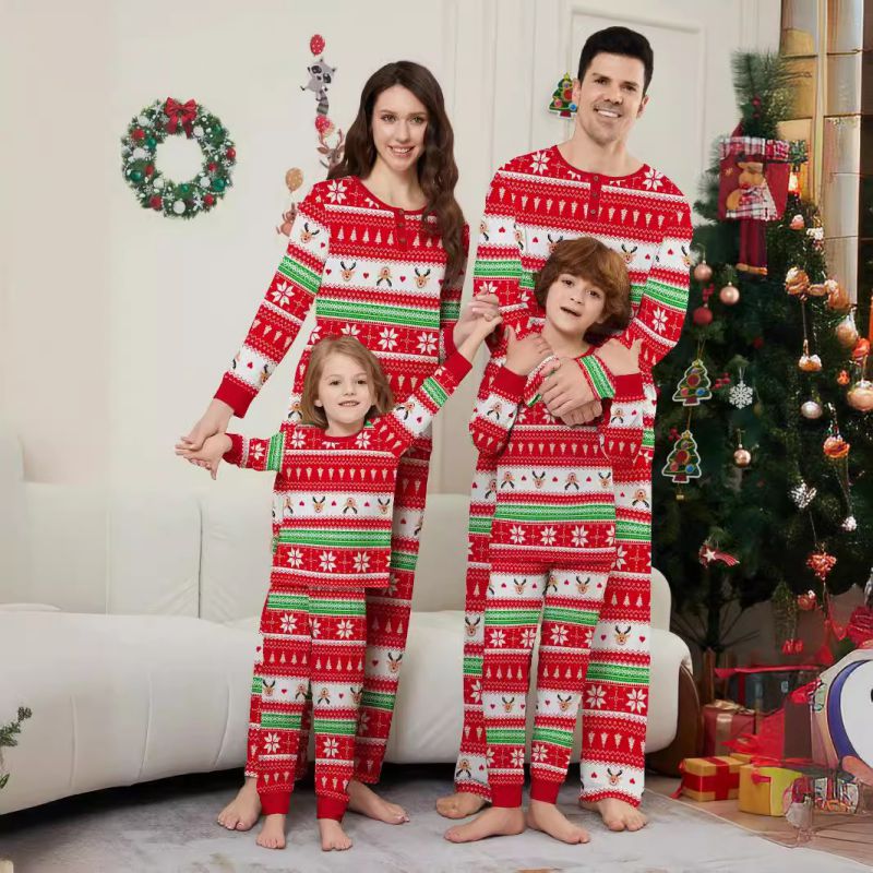Red Christmas Print Round Neck Parent-child Pajama Set