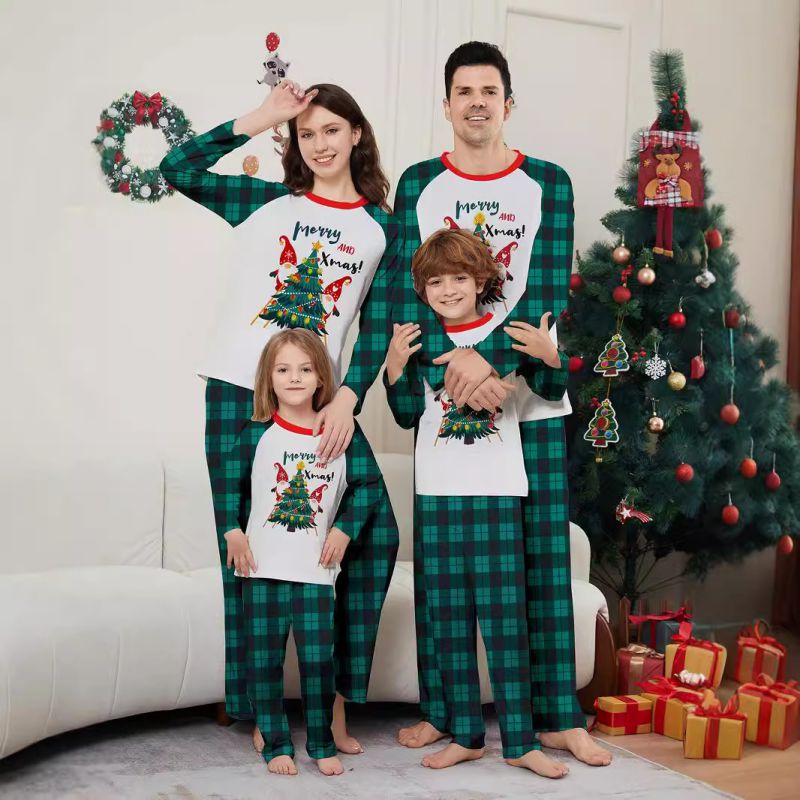 Green Christmas Print Round Neck Parent-child Pajama Set