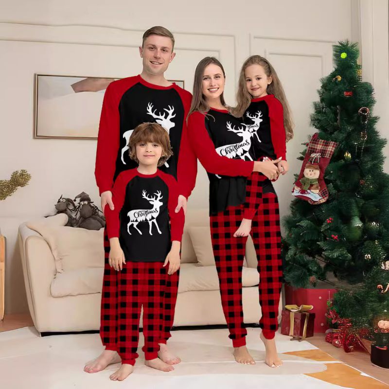 Red Christmas Print Round Neck Parent-child Pajama Set