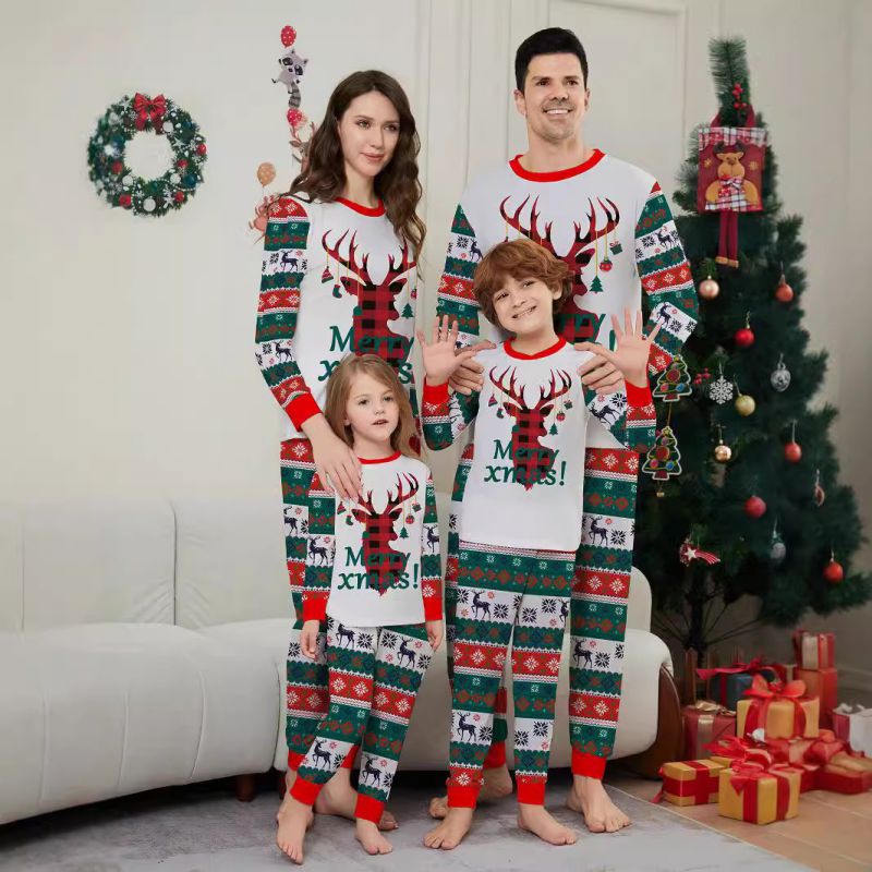 Elk Christmas Print Round Neck Parent-child Pajama Set