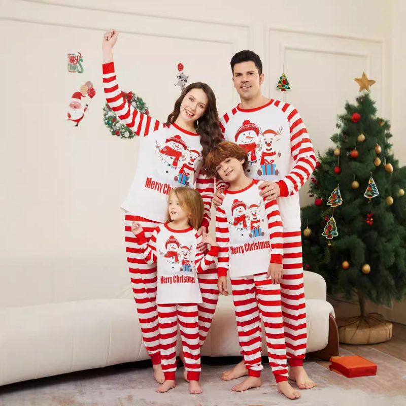 Stripe Christmas Print Round Neck Parent-child Pajama Set