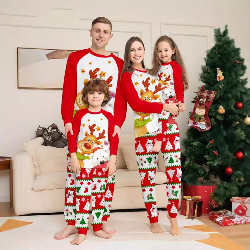 Red Christmas Print Round Neck Parent-child Pajama Set