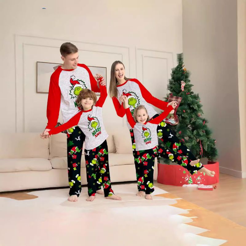 Color Christmas Print Round Neck Parent-child Pajama Set