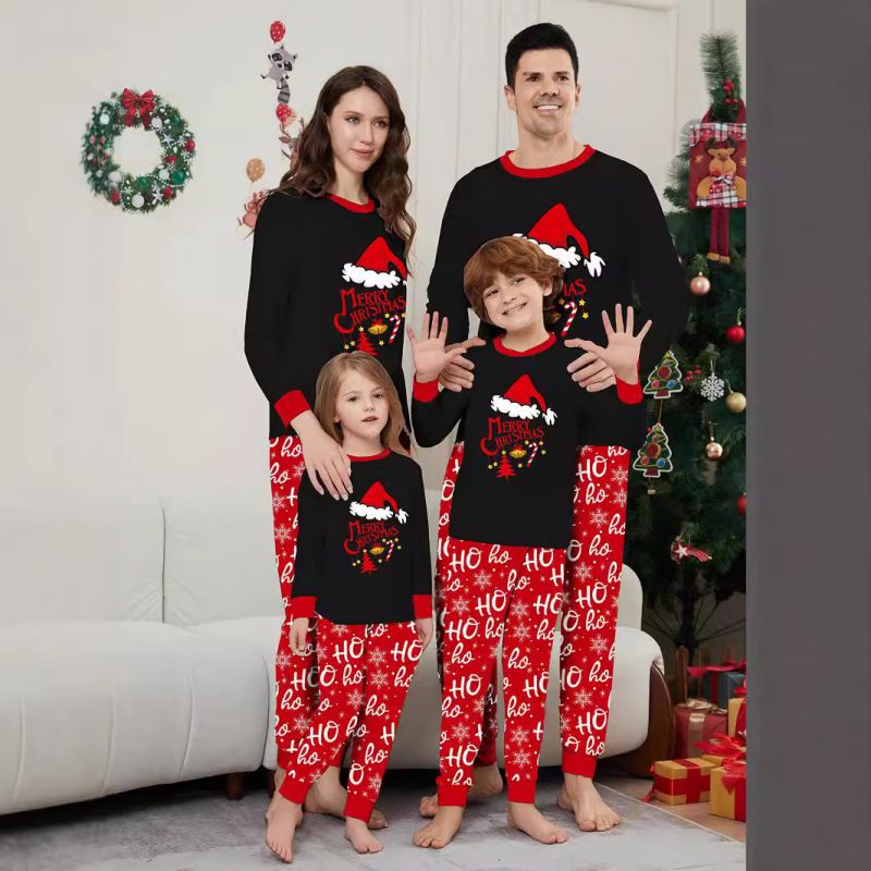 Red Christmas Print Round Neck Parent-child Pajama Set
