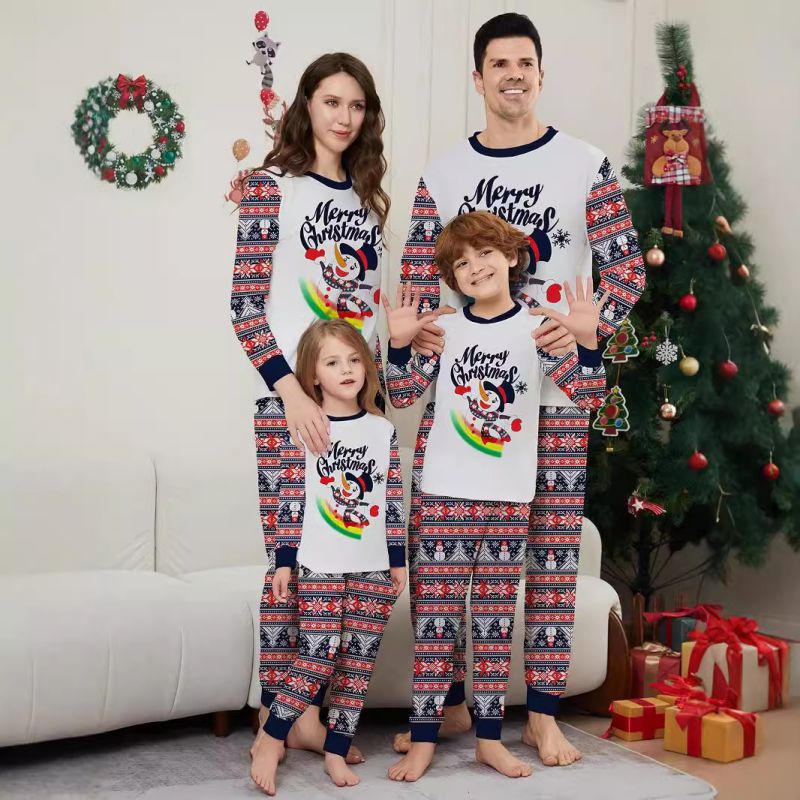 Color Christmas Print Round Neck Parent-child Pajama Set