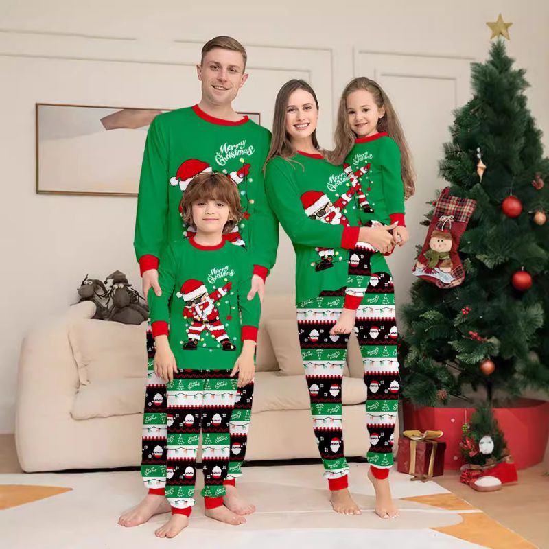 Green Christmas Print Round Neck Parent-child Pajama Set