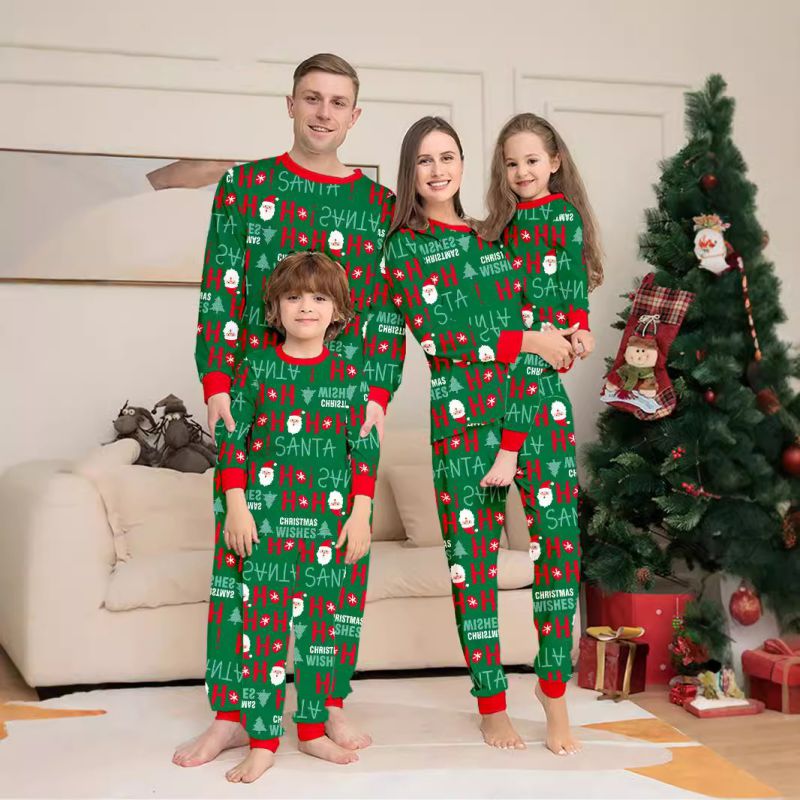 Green Christmas Print Round Neck Parent-child Pajama Set