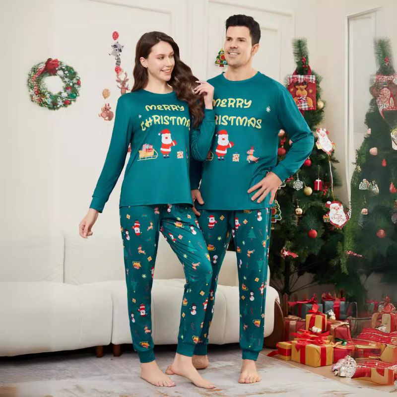 Blue Christmas Print Round Neck Parent-child Pajama Set