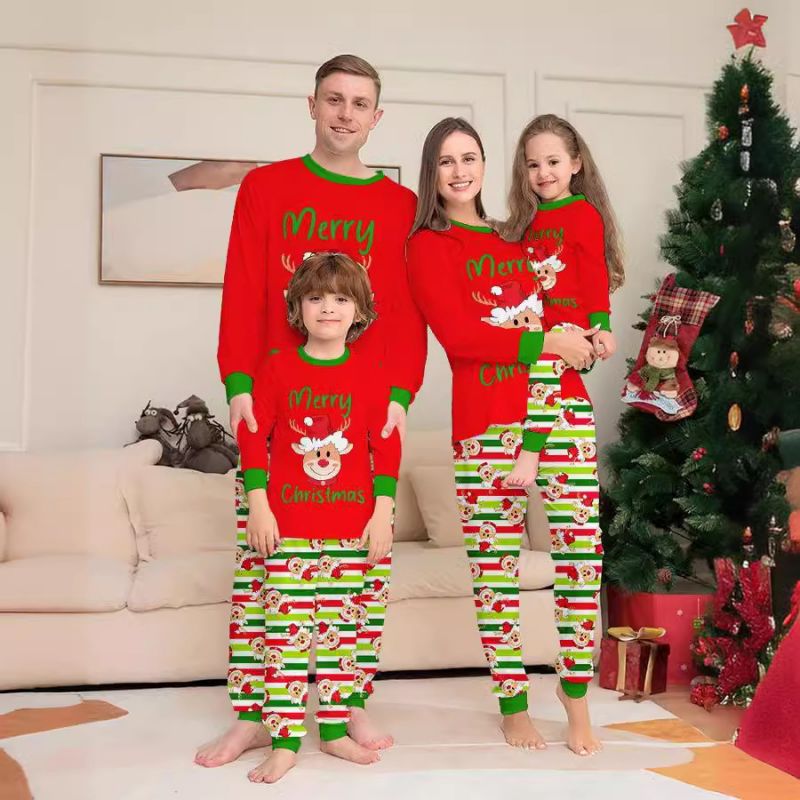 Red Christmas Print Round Neck Parent-child Pajama Set