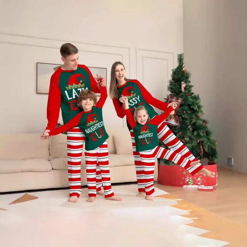 Stripe Christmas Print Round Neck Parent-child Pajama Set