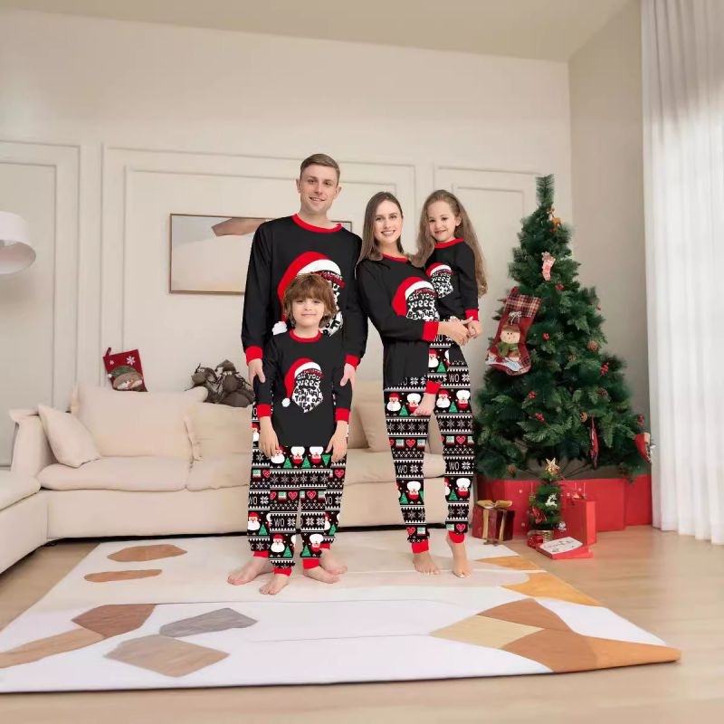 Black Christmas Print Round Neck Parent-child Pajama Set