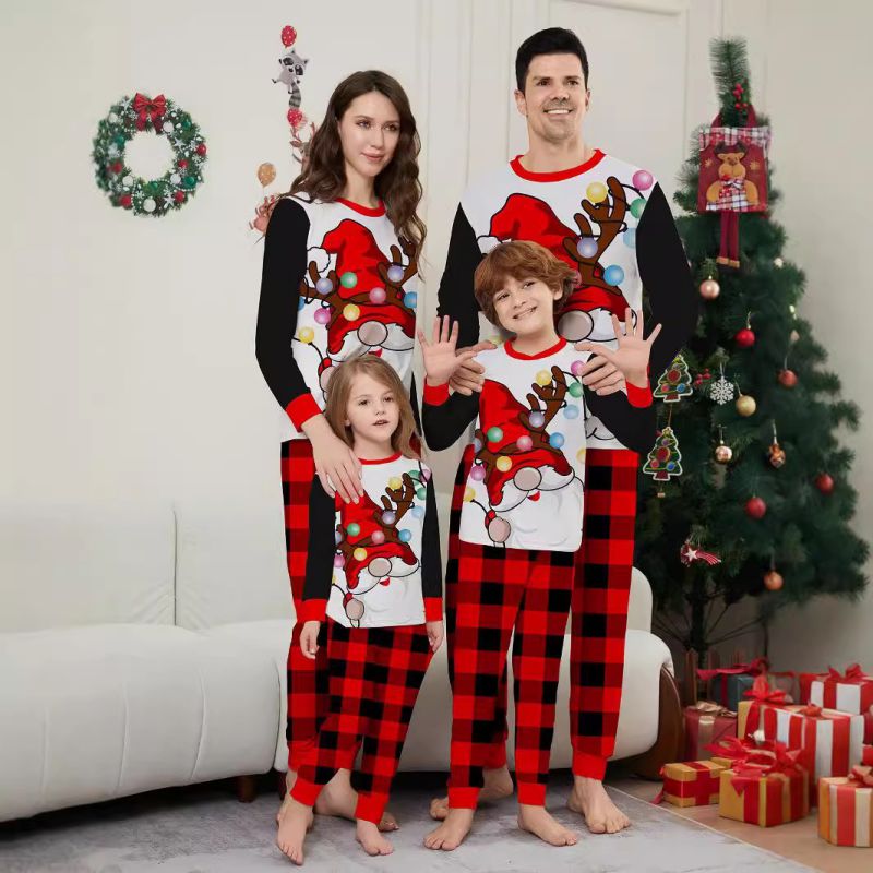 Red Christmas Print Round Neck Parent-child Pajama Set