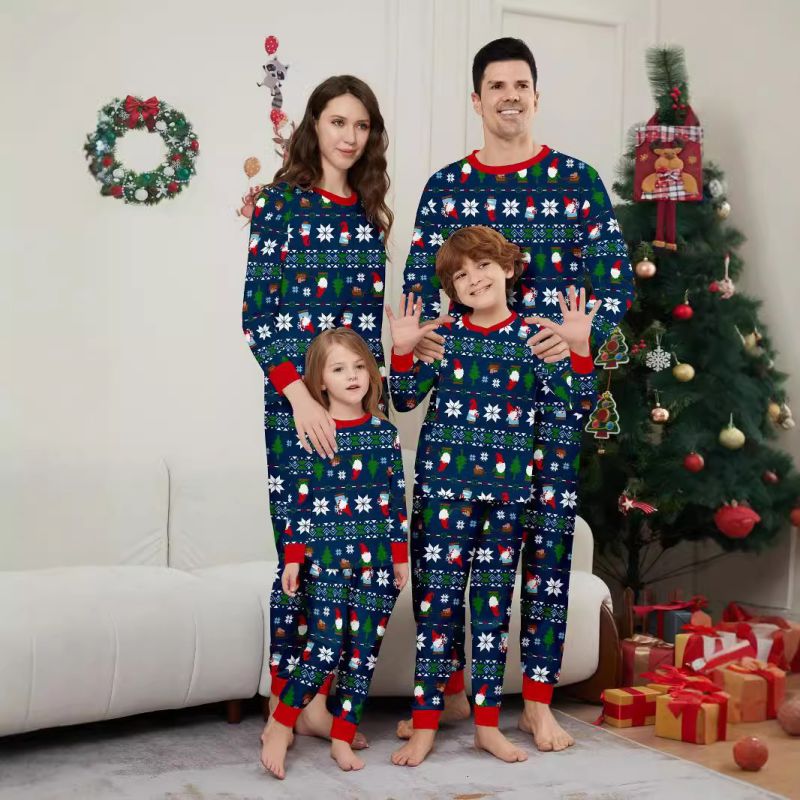 Blue Christmas Print Round Neck Parent-child Pajama Set