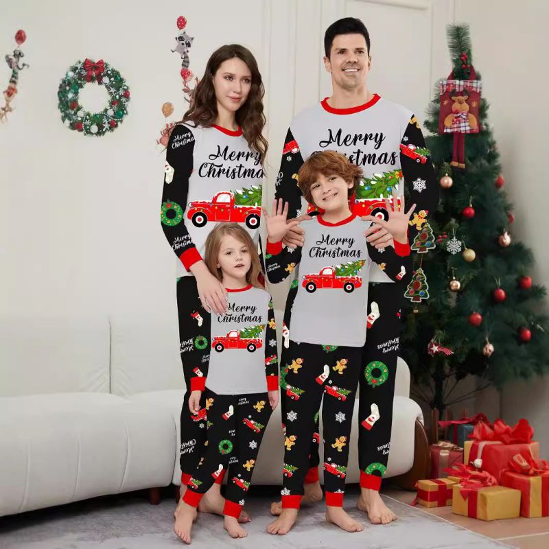 Color Christmas Print Round Neck Parent-child Pajama Set