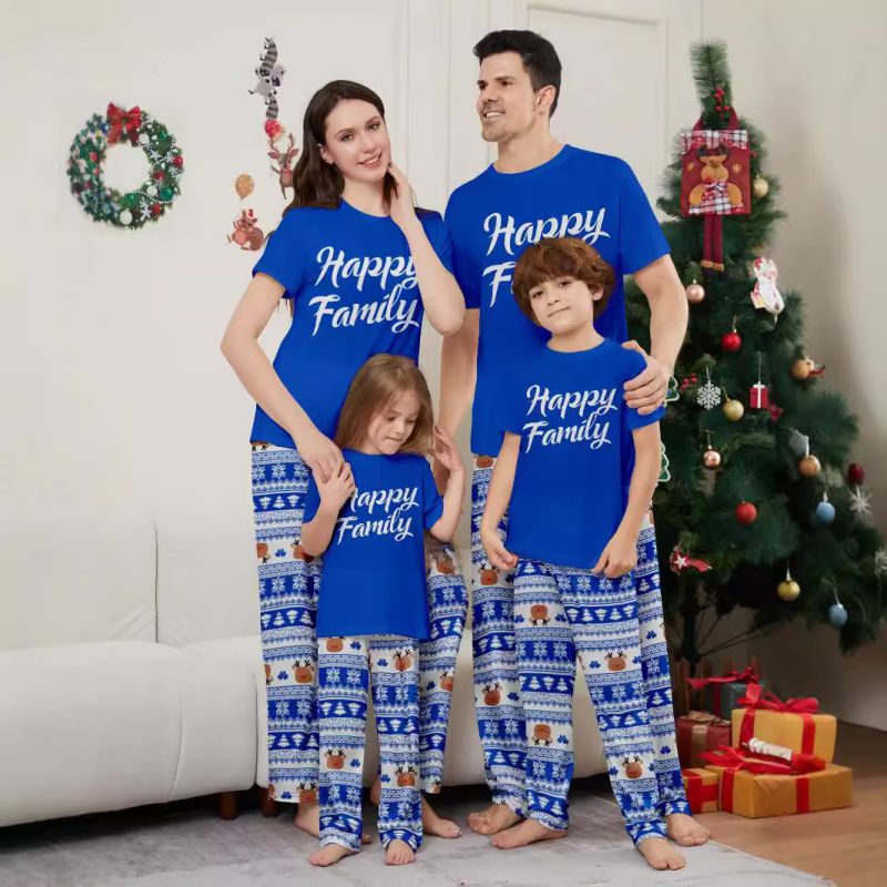 Blue Christmas Print Round Neck Parent-child Pajama Set
