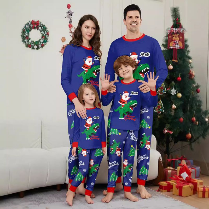 Blue Christmas Print Round Neck Parent-child Pajama Set