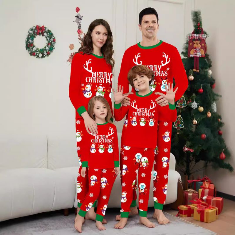 Red Christmas Print Round Neck Parent-child Pajama Set