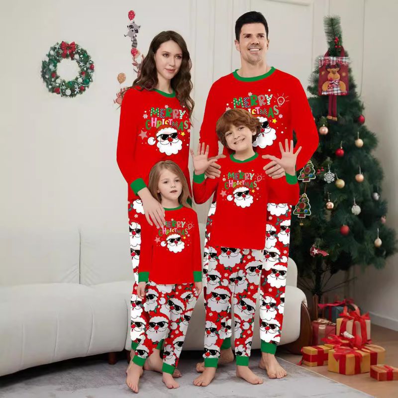 Red Christmas Print Round Neck Parent-child Pajama Set