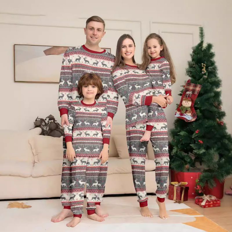 Grey Christmas Print Round Neck Parent-child Pajama Set