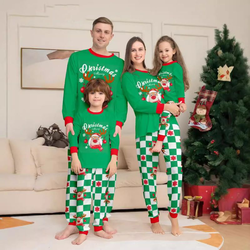 Green Christmas Print Round Neck Parent-child Pajama Set