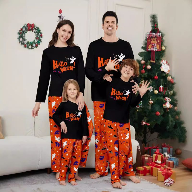 Orange Halloween Printed Round Neck Parent-child Pajama Set