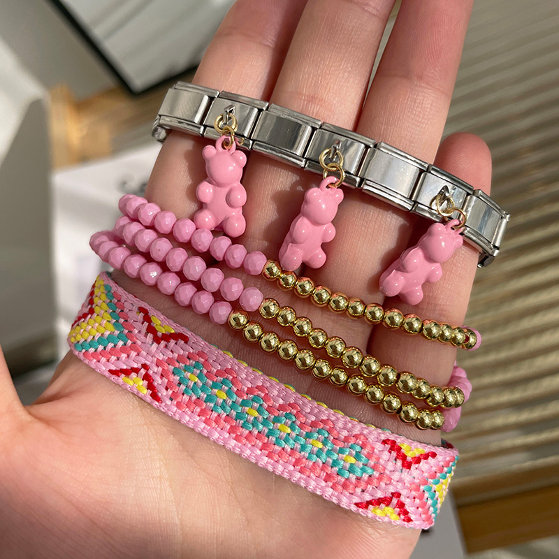 Pink 1 Titanium Steel Oil Drop Bear Tassel Square Module Bracelet