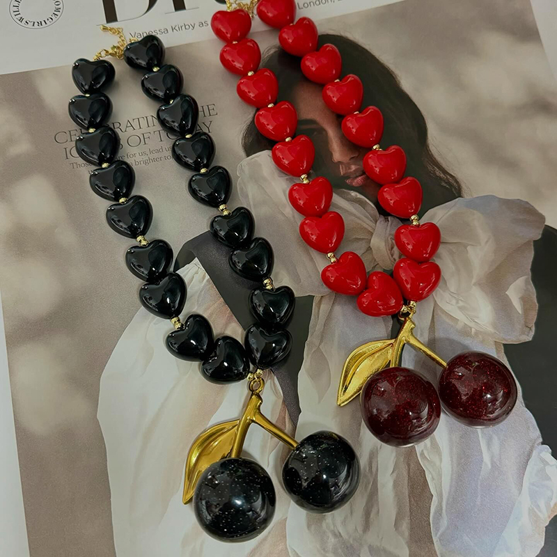 Black Resin Heart Copper Cherry Necklace