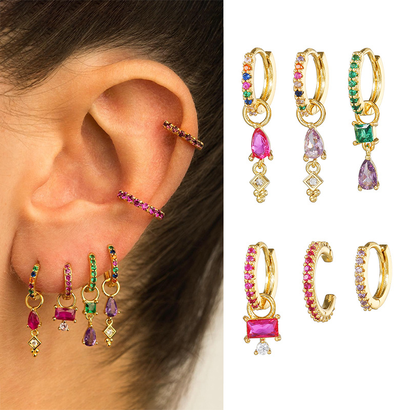 Gold Copper Inlaid Zirconium Geometric Earrings Set