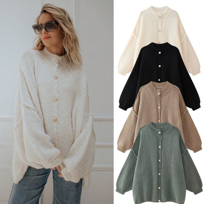 Off White Polyester Crew Neck Button-down Sweater