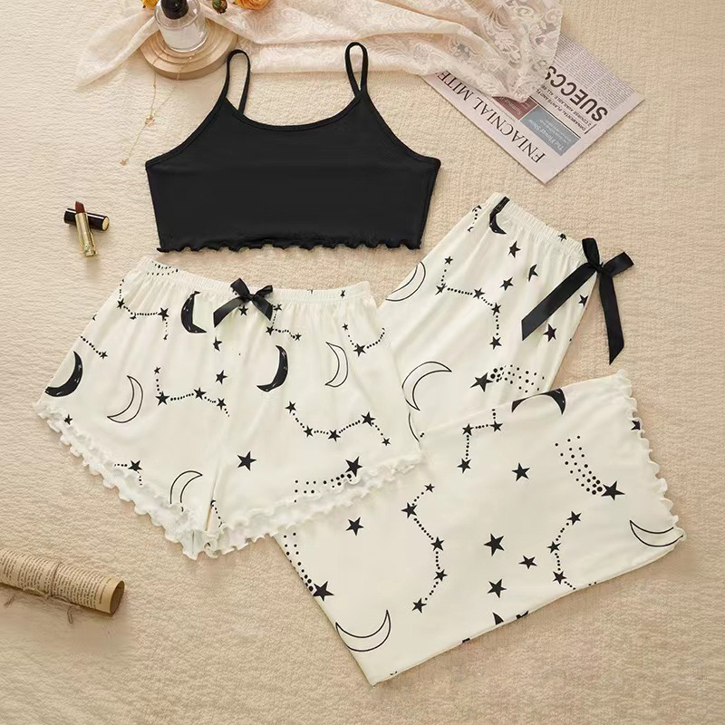 Moon Printed Suspender Shorts Trousers Pajamas Three-piece Set