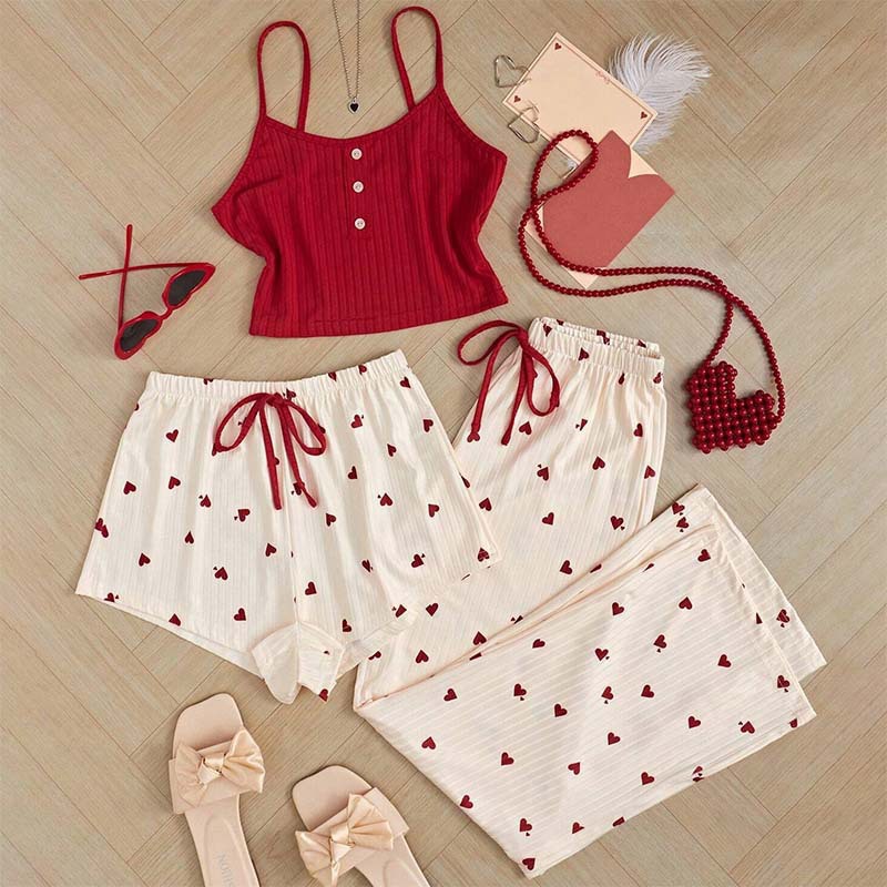 Rose Red + White Printed Suspender Shorts Trousers Pajamas Three-piece Set