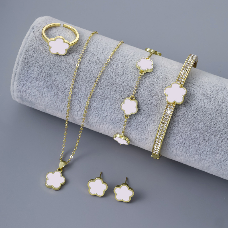 White (bracelet + Ring + Earrings + Necklace + Bracelet) Alloy Flower Bracelet Bracelet Necklace Earrings And Ring Set