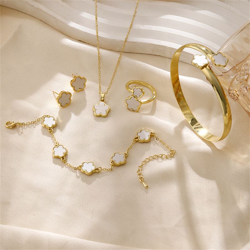 Pink (five-piece Set) Alloy Flower Necklace Bracelet Ring Earring Set
