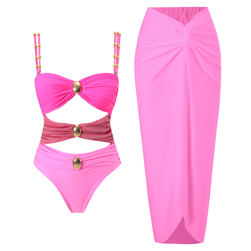 Rose Pink Suit Polyester Colorblock Hollow One-piece Swimsuit Knotted Beach Dress Set